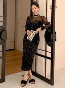 DAZY 女式亮片撞色网眼中长连衣裙，新年礼服，舞会礼服，派对礼服，秋季服装，返校节礼服，奢华 - 黑色 - 查看 7