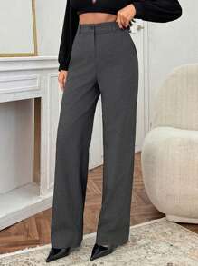 EURMUSE Women Elegant Solid Color High Waist Pants - Dark Grey - View 5