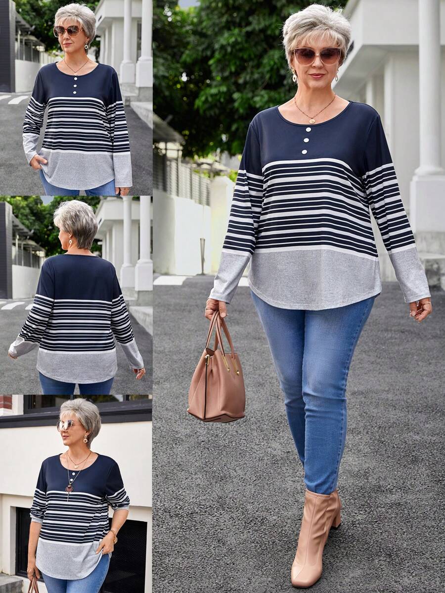 EMERY ROSE Áo thun tay dài cổ tròn in họa tiết sọc cỡ lớn cho nữ mùa đông - Nhiều màu - Xem 1