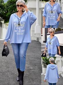 EMERY ROSE 大码冬季女式蓝色字母印花休闲连帽长袖运动衫 - 藍色 - 查看 1