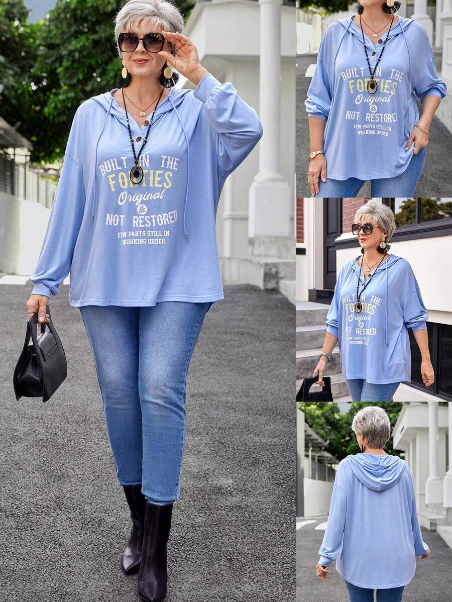 EMERY ROSE 大码冬季女式蓝色字母印花休闲连帽长袖运动衫 - 藍色 - 查看 1