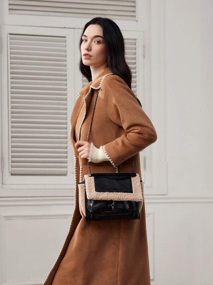 WOMEN'S FASHION PU LEATHER TEDDY PANEL FLAP SHOULDER BAG FOR COMMUTING