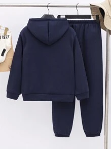 SHEIN 青少年男孩服装 - 连帽运动衫，加大码，返校；有领衬衫、慢跑裤两件套，经济实惠，适合通勤、校服、日常休闲、大学、运动 - 藏蓝色 - 查看 2