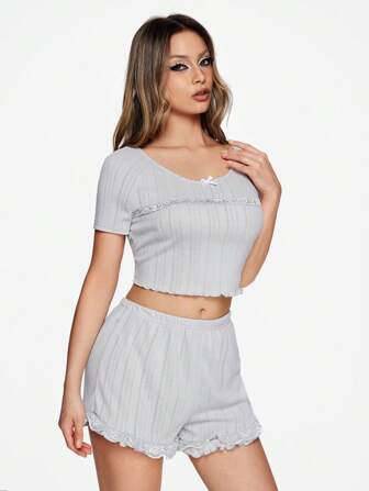 Kawaii Ensemble de pyjama pour femmes avec texture tricotée respirante douce et agréable pour la peau, avec patchwork de dentelle et décoration en nœud