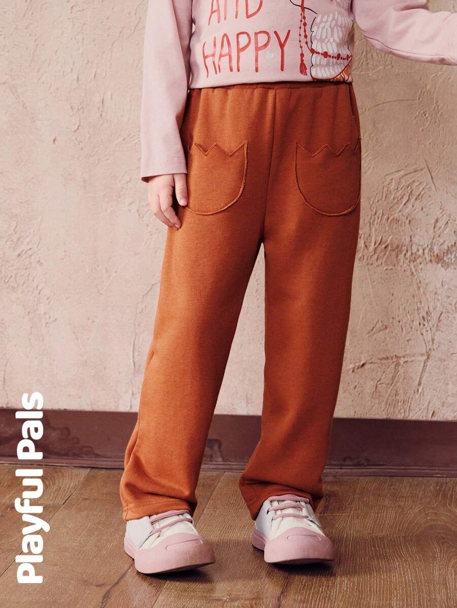 SHEIN 1 件装少女运动裤，基本款，可爱/复古/休闲/居家/外出，秋冬季 - 棕色 - 查看 1