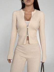 Flirla 2-teiliges Damen-Set: Einfarbiges Top mit Reißverschluss und Langarm und lange Hose Pullover - Aprikosenfarben - Übersicht 6