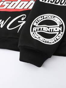 ROMWE MEN Street Life Men's Letter Print Loose Cropped Hoodie Sweatshirt, Street Style For Autumn/Winter - Black - View 7