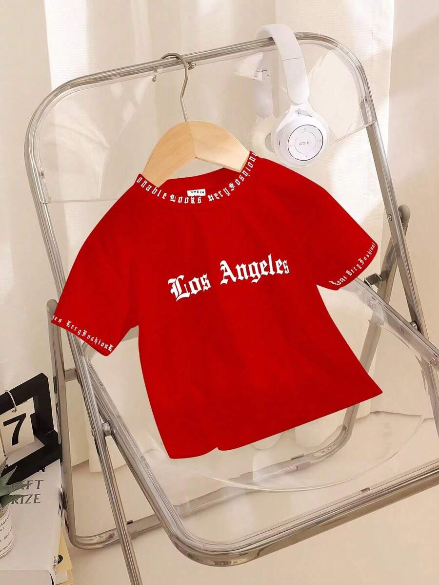 SHEIN 男童休闲运动简约舒适日常穿着字母印花上衣 - 紅色 - 查看 1