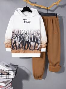 2pcs/Set Tween Boy Casual Character Print Long Sleeve Hoodie And Elastic Waist Pants Set, Suitable For Autumn, Spring And Winter, Great For Outdoor Play, School, Street Style, Party And Casual Wear, High Cost Performance