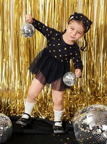 SHEIN Baby Girl Casual Foil Heart Pattern Splice Mesh Ruffle Bodysuit With Headband - Navy Blue - View 1