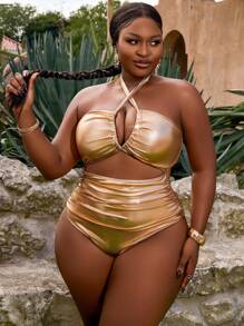 SHEIN Slayr CURVE Maillot de bain une pièce d'été sexy avec métal brillant et croisé pour femme grande taille