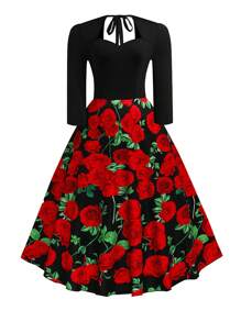 SHEIN Clasi Plus Size Women Keyhole Neckline Short Sleeve Tie Back Digital Print Elegant Midi Dress Maxi Women Outfit