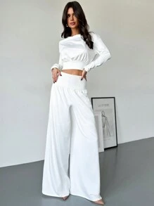 Firerie Festival 2pcs Set: Elegant Casual Loose Fit Round Neck Blouse & High Waist Ruched Wide Leg Pants, Versatile Loungewear/Athleisure Outfit For Spring/Summer, Valentine's Day