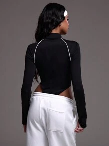 Musera Sport 撞色滚边四分之一拉链运动连体衣，适用于板式网球、网球、匹克球等运动，适合健身房锻炼。 - 黑色 - 查看 3