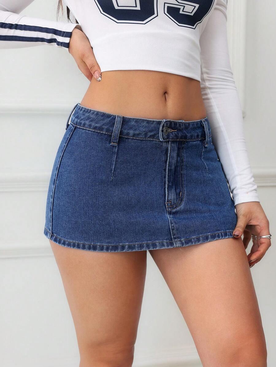 SHEIN ICON 女士牛仔 A 字裙，休闲时尚，适合日常穿着 - 深色水洗藍 - 查看 1