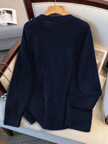 SHEIN LUNE Plus Size Women's 2 In 1 Layered Shawl Collar Knit Sweater Top Knit Pullover Fall Winter - Blue - View 2