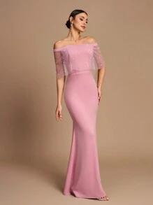 SHEIN Belle Vestido de mujer elegante y romántico con mangas estilo chal y hombros descubiertos, de punto elástico de color rosa claro, con decoración de perlas falsas, silueta de sirena, apropiado para bodas, fiestas y atuendo formal de dama de honor