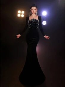 Glamrae Robe de soirée élégante en velours noir à manches longues dégradé avec perles façonnées à la main, taille haute sirène. Convient pour toutes les occasions formelles, cocktails, invités de mariage, tenue de soirée. - Noir - Voir 3