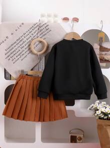 2pcs/Set Young Girl Sweatshirt And Skirt Set, Long Sleeve Round Neck Pullover With 3D Heart Decor And Pleated Skirt, Spring/Autumn