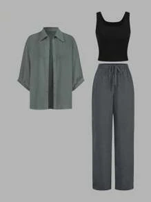 SHEIN LUNE 3-Piece Women Monochrome Plaid Outfit Set - Blouse, Blazer And Wide Leg Pants, Stylish & Slimming Design, Autumn 2024 New Arrivals Y2k Vacation - Grey - View 8