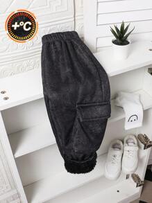 年轻男孩复古破洞多口袋保暖羊毛裤（无腰带），适合 4-7 岁男孩秋冬季上学、玩耍和户外活动。复古、百搭、保暖的设计让您的孩子在这个冬天保持时尚和舒适。 - 黑色 - 查看 1