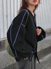 FRIFUL Women's Contrast Color Trim Front Button Casual Versatile Long Sleeve Sweatshirt,Fall Clothes - Blue - View 7