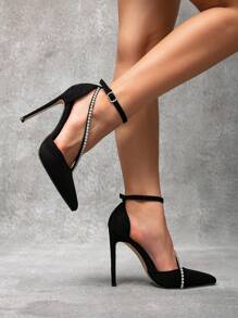 CUCCOO SZL 性感时尚尖头高跟凉鞋，水钻装饰，百搭黑色高跟鞋，适合派对、圣诞节和新年假期的约会，秋冬季节的氛围 - 黑色 - 查看 7