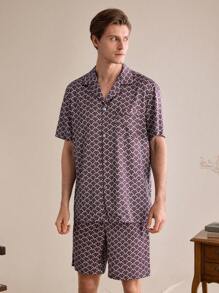 EverLounge Men's Comfy All-Over Print Front Button Shirt And Shorts Pajama Set, Autumn - Red - View 5