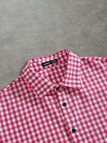 Manfinity VCAY 1 件男士 Y2K 趣味休闲高街复古格子短款衬衫返校万圣节 - 玫紅色 - 查看 4