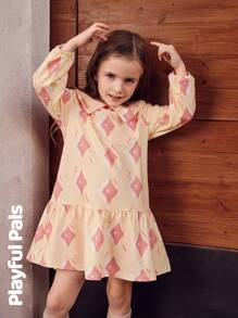 SHEIN 1 件年轻女孩连衣裙钻石图案趣味卡通印花可爱/复古/休闲/郊游秋/冬/春适合上学和郊游 - 黃色 - 查看 3