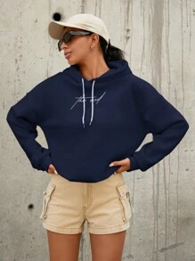 RueChic 100%Cotton Letter Graphic Drop Shoulder Drawstring Hoodie - Navy Blue - View 5