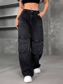 SHEIN EZwear Women's Casual Washed Wide-Leg Cargo Jeans