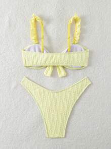 2 件套夏季女士纯色纹理面料比基尼上衣和高腰下装 - 黃色 - 查看 2