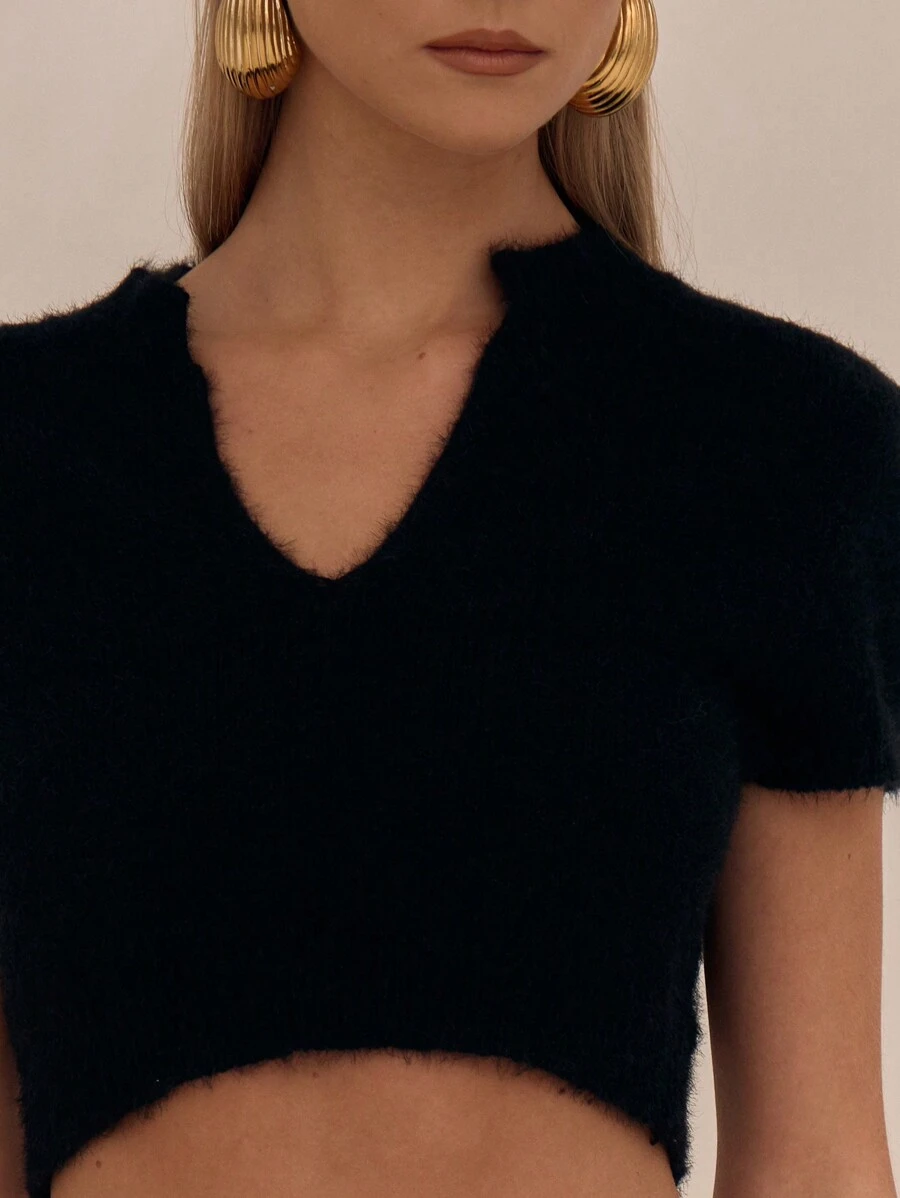 MUSERA 夏季V领短袖针织上衣 - 黑色 - 查看 1