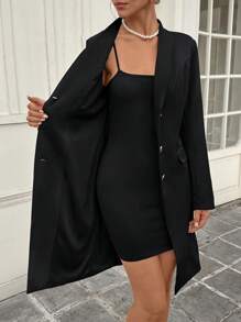 Chiquease Women's Decorative Button Shawl Collar Long Blazer With Pockets - Black - View 6