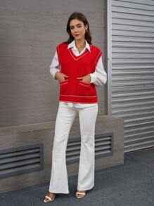 INAWLY Women's Red Contrast Color Knitted Cable Knit Sweater Vest, Autumn/Winter - Red - View 5