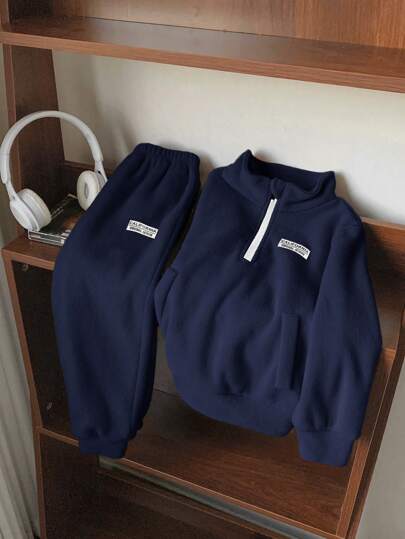 2 件套青少年男童羊毛领夹克和运动裤套装，适合通勤、上学、休闲、运动，可搭配男童外套、儿童外套、男童长袖衬衫、圣诞运动衫、圣诞裤、男童夹克、长袖衬衫