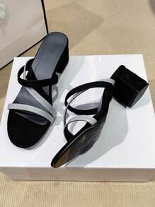 Teens Casual Square Toe Rhinestone Embellished High Heel Slip-On Campus Sandals - Black - View 3