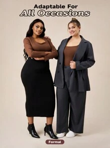 SHEIN BASICS Casual Solid Color Knit Crew Neck Long Sleeve Slim Fit Plus Size T-Shirt