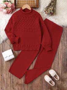 Tween Girls Apricot 2 Pieces Knit Set, Casual Loose Solid Color Chunky Knit Suit, CASUAL Tween Girls Elegant Pullover Sweater And Wide Leg Pants Outfit, Fashion Street Style Resort Look