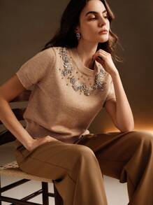 Anewsta Handmade Embroidered And Rhinestone Embellished Knit Top - Khaki - View 1