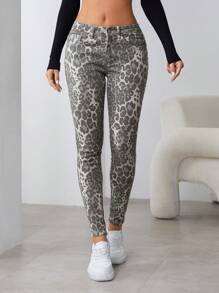 女士豹纹口袋休闲紧身牛仔裤，百搭 - 彩色 - 查看 3