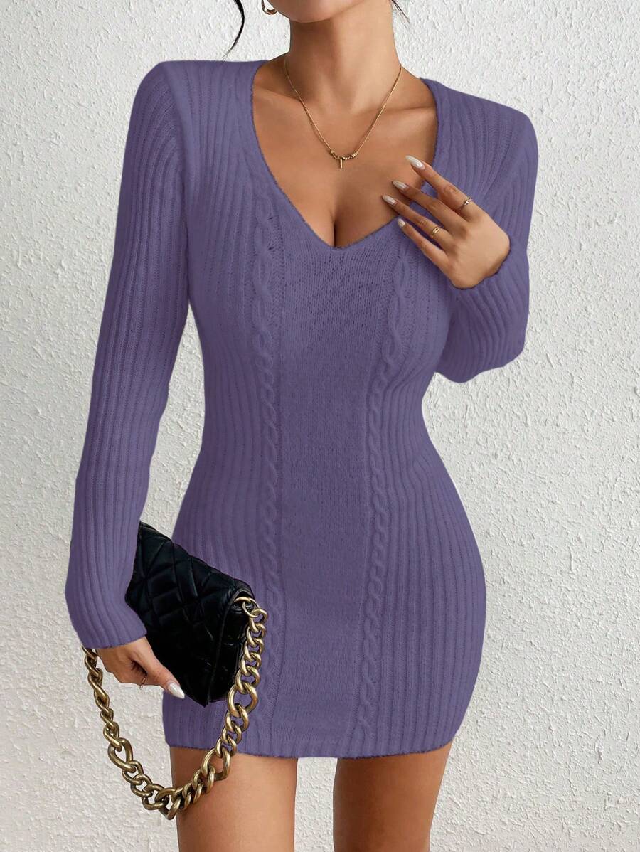 Chiquease 女式纯色 V 领长袖修身短款针织毛衣连衣裙，适合秋冬季 - 紫羅蘭色 - 查看 1