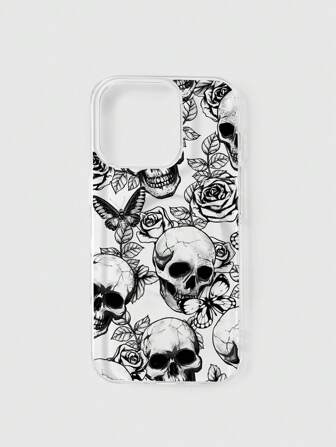 Goth 1 pieza Funda magnética transparente para iPhone con patrón de rosa oscura y calavera