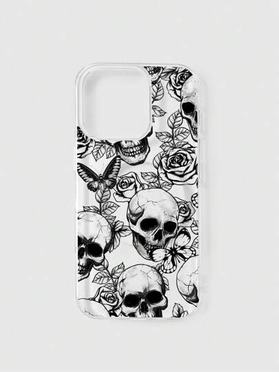 Goth 1pc Dark Rose & Skull Pattern Magnetic Transparent IPhone Case