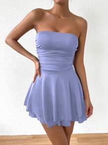 Zolique Solid Color Pleated Strapless Dress With Belted Waist - Mauve Purple - View 3