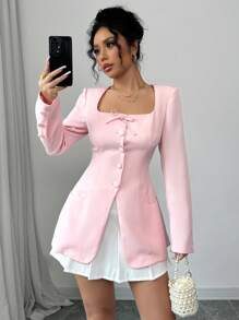 Elenzga Women's Solid Color Square Collar Long Sleeve Casual Bowknot Blazer, Autumn