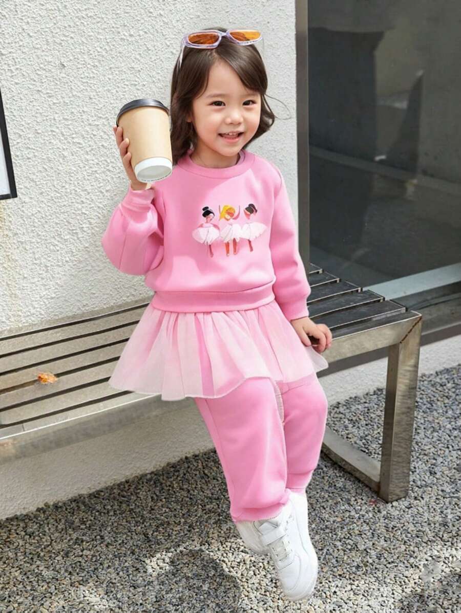 SHEIN Young Girls Elegant Pink Long Sleeve Top & Pants Tulle Suit, Cute For Girls, Autumn/Winter - Pink - View 1