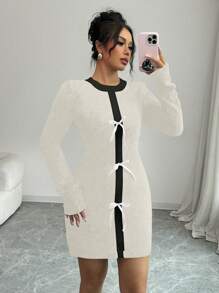 Elenzga Bowknot Contrasting Patchwork Women Sweater Dress