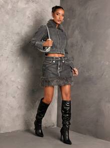 SHEIN BAE 女士羊羔绒衬里牛仔夹克，长袖，短款，深灰色 - 深灰色 - 查看 1